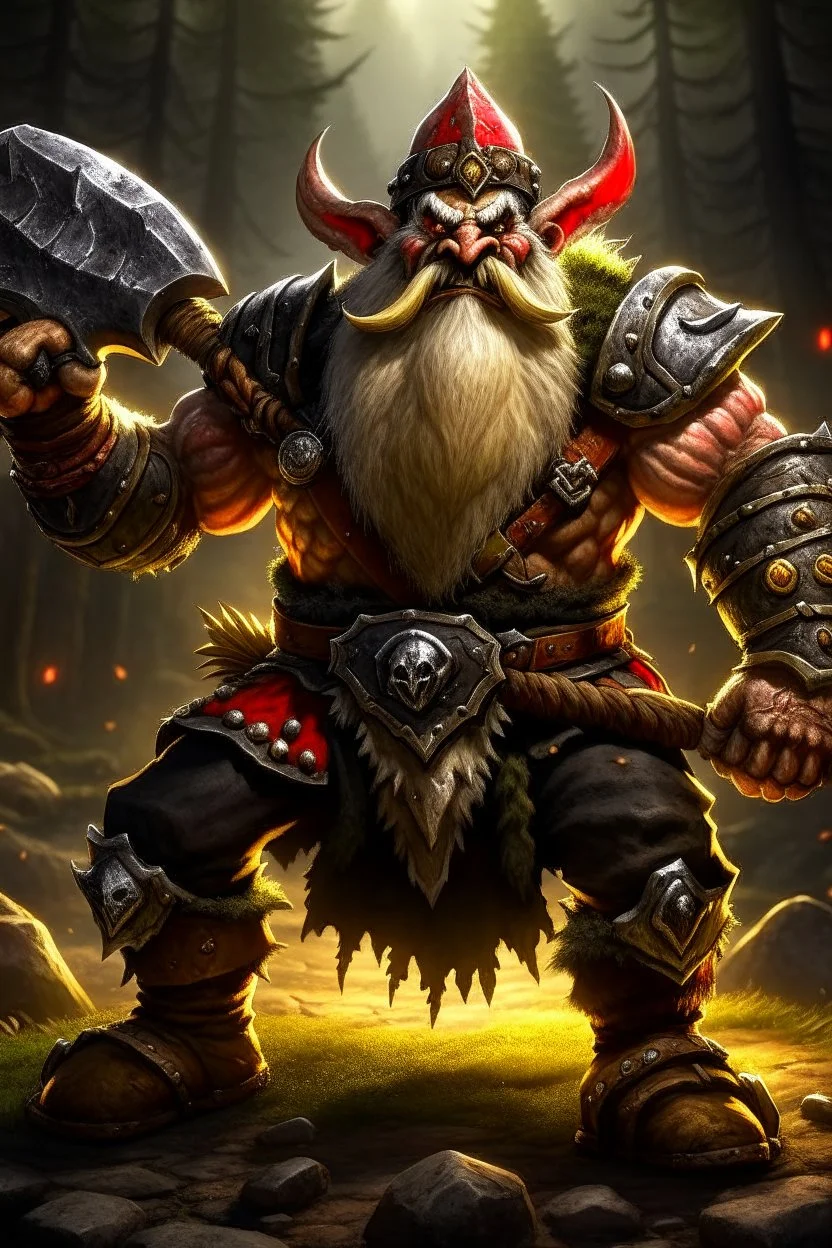 gnome warrior enraged fury berserker fantasy barbarian armored wild savage angry axes cleaver attack striking swinging chopping dual wielding two weapons mad consumed warcraft war