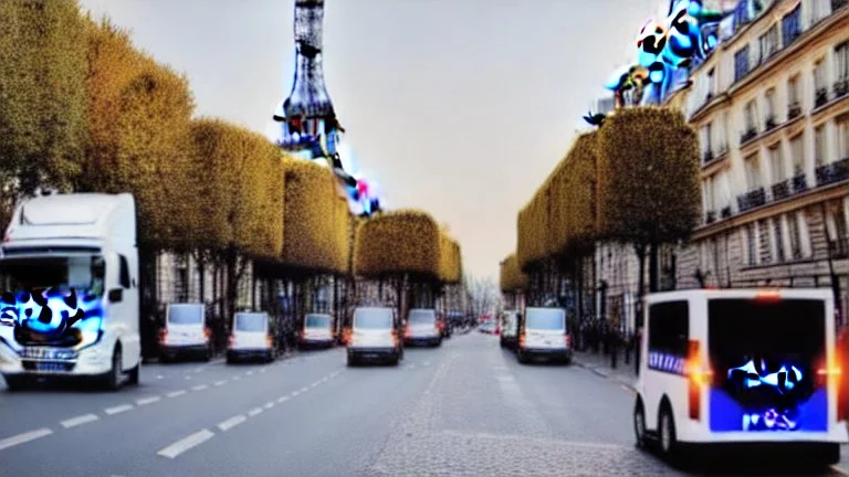 A police Tesla Cybertruck is chasing a Tesla 'Model S Plaid' at top speed, by the 'Sacre Coeur', in Paris. CINEMATIC. WIDE ANGLE LENS. PHOTO REAL.