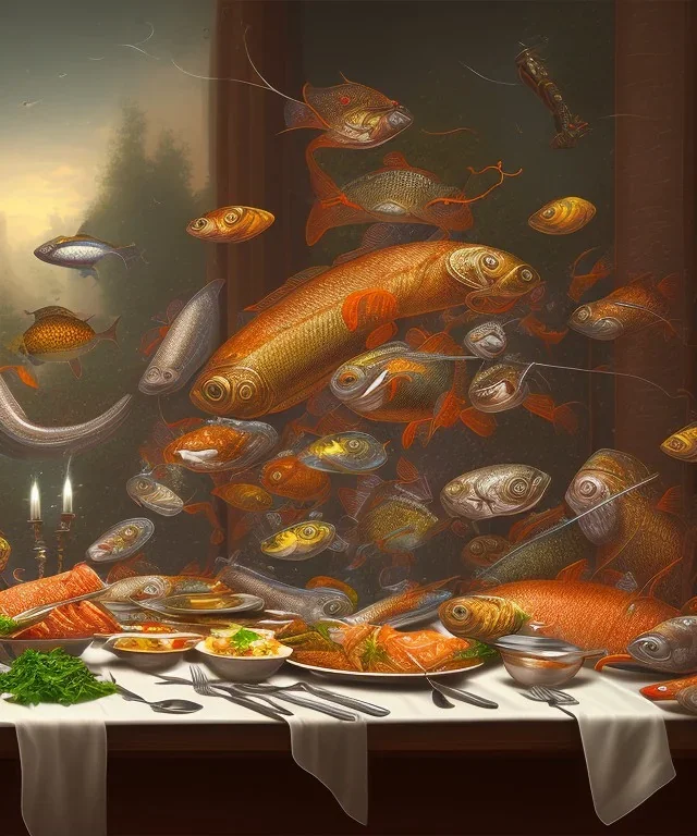 supper, fish sit at the table and eat pieces of people.