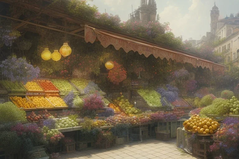 a greengrocer in colorful palma de mallorca street, 1993, spanish mediterranean sea, waterfront, alphonse mucha, greg rutkowski, matte painting, vplumetric lighting, volumetric clouds, maya render, hyper detailed, 8k, uhd, exaggerated colors, fantasy art, felix kelly, seb mckinnon, jessada sutthi, boris vallejo, lin chen