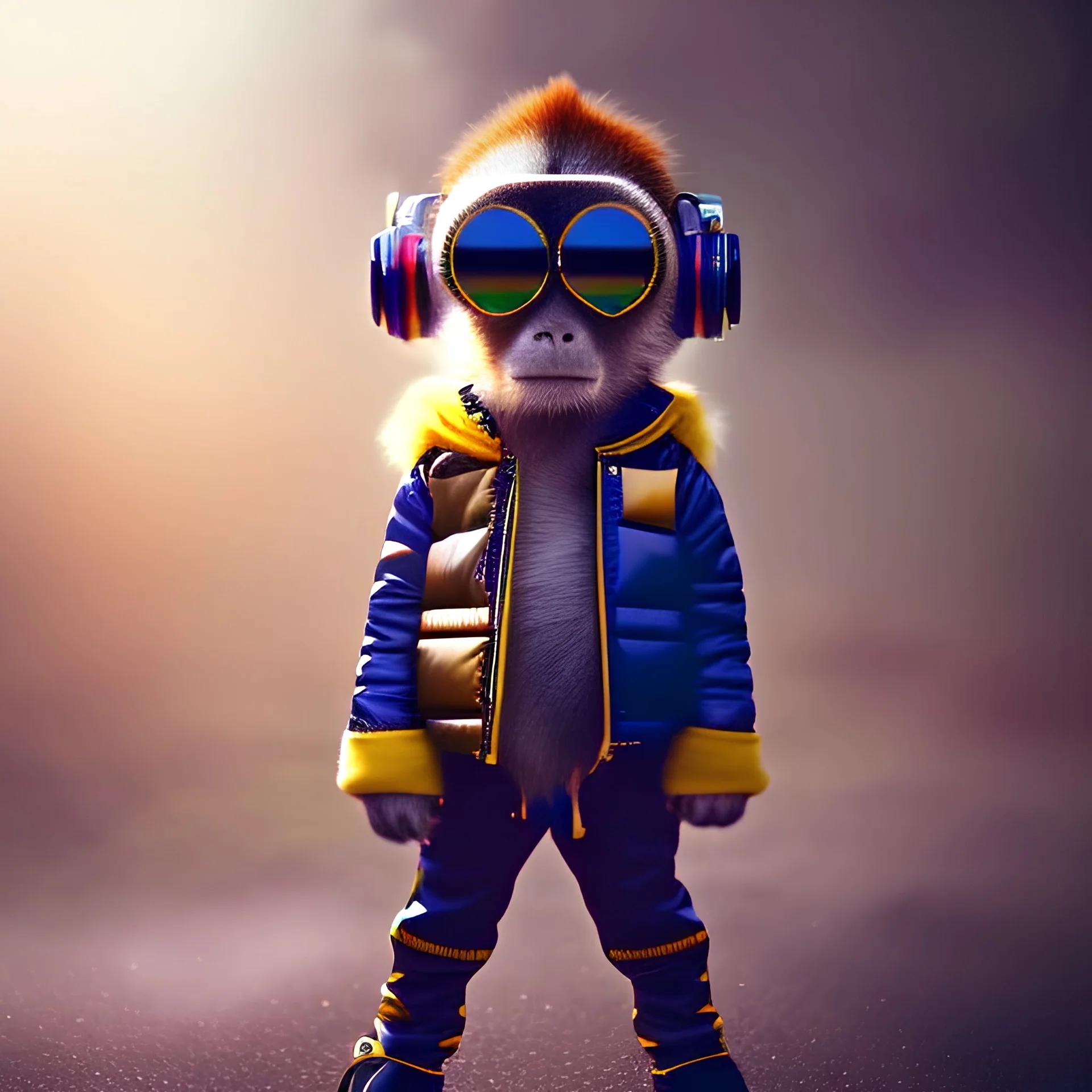 Monkey toddler, steampunk headphone, sunglass, gangsta neckless, full body, yellow puffer jacket, tokio background, dramatic lighting, hyper realistic, unreal engine 5, 16k