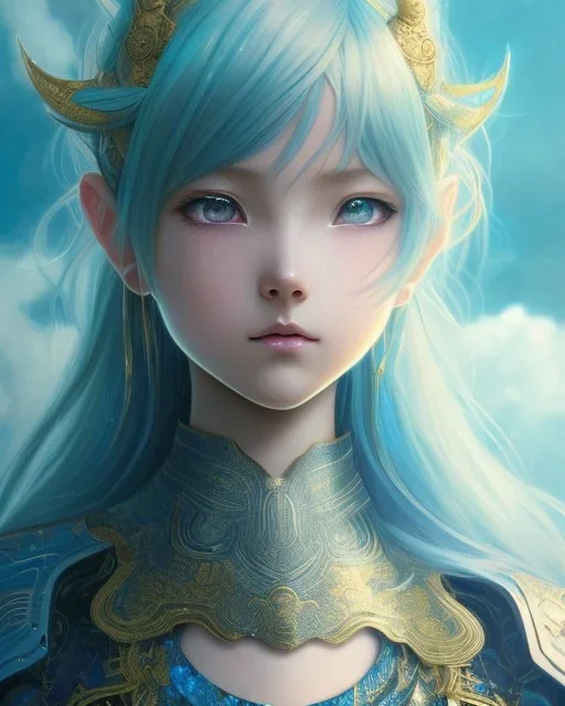 Detailed anime child girl, blue hair, dragon scale armour, intricate details, full body portrait, keep head in frame, slight smile, black Japanese motif, concept art, highly detailed, digital painting, concept art, sharp focus, illustration, art by Yoji Shinkawa, WLOP and greg rutkowski and alphonse mucha and artgerm and yanjun Chen and Junji ito and Makoto Shinkai, HDR, octane render, dark background