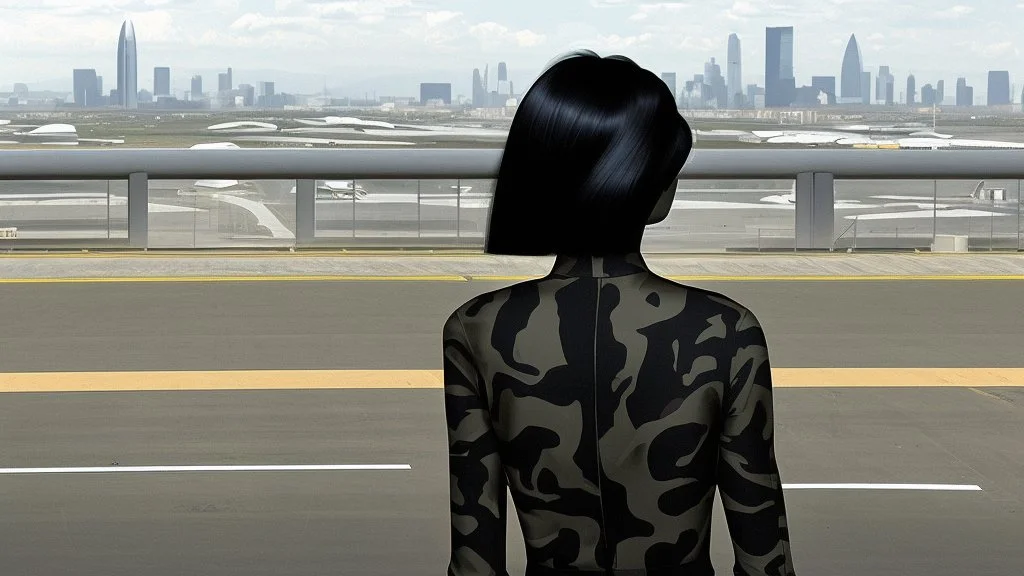 Tall thin woman, with straight black hair, dressed in a camouflaged jumpsuit, looking out from the rear of a futuristic aircar, on a tarmac runway, with a city skyline in the distance