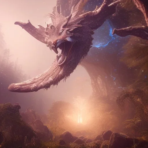 magical creature in a mysterious cosmic backdrop, celestial ambience, soft lighting, unreal engine 5 volumetric lighting, intricate details, realistic style, 8k resolution