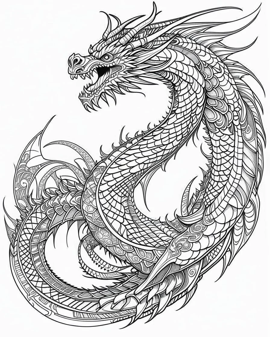 dragon tattoo, coloring book page, clean line art, adults drawing book, Black and white only, crisp black lines, sharp lines, coloring page for adults, black and white picture, lots of details, tattoo style,tattoo ideas, full body