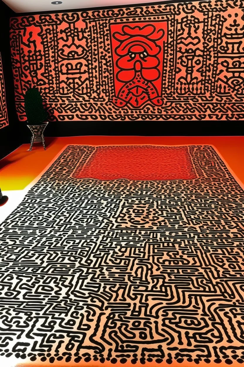 A light rosy orange colored Karoo with moles designed in Moroccan rug art painted by Keith Haring