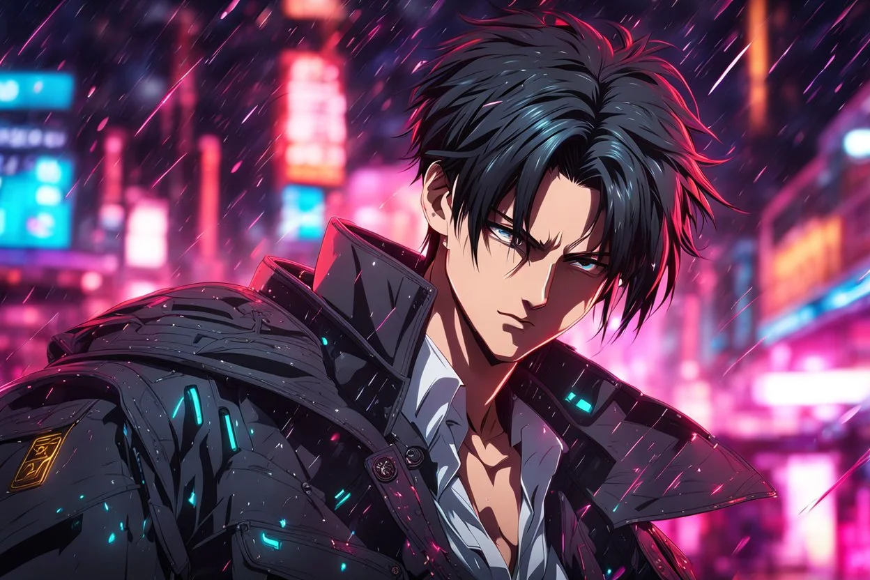 levi 8k anime sci-art drawing style, levi custom, neon effect, close picture, rain, apocalypse, intricate details, highly detailed, high details, detailed portrait, masterpiece,ultra detailed, ultra quality