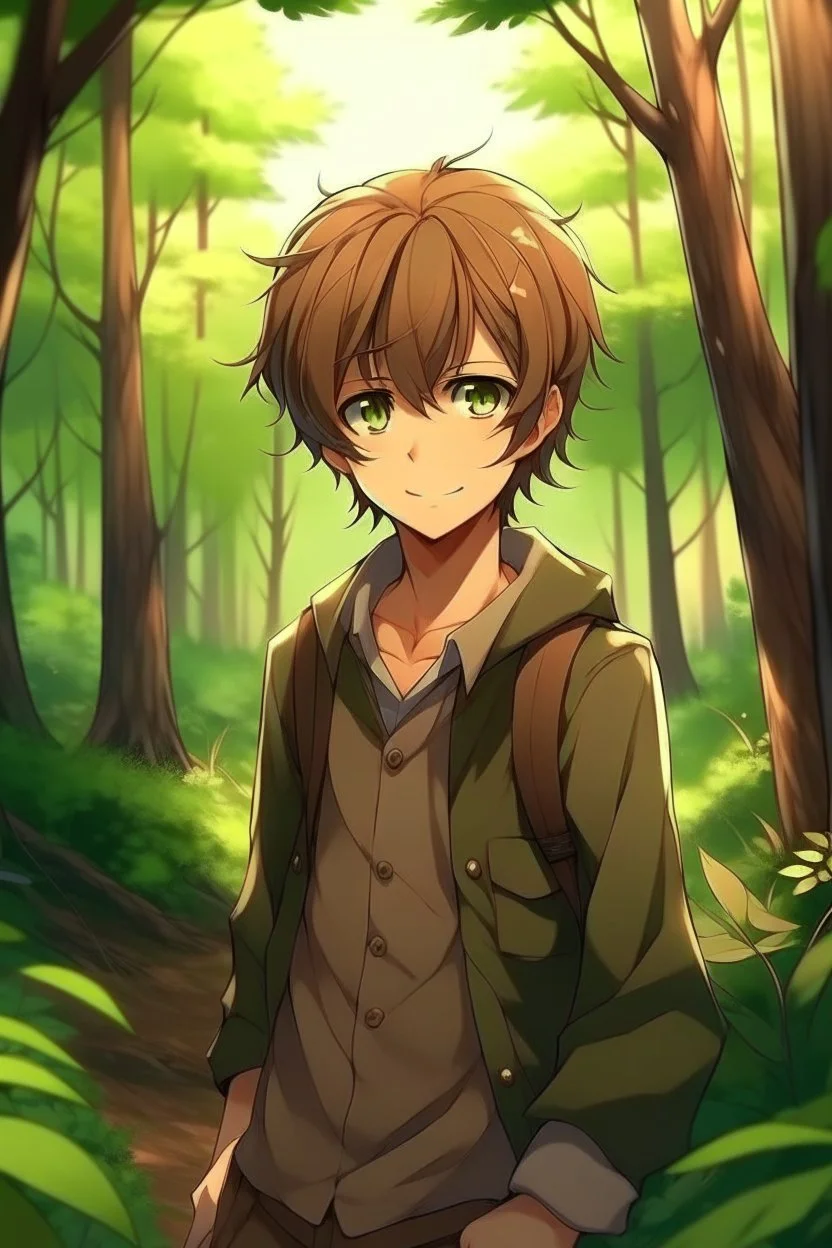 Brown haired anime boy in the woods