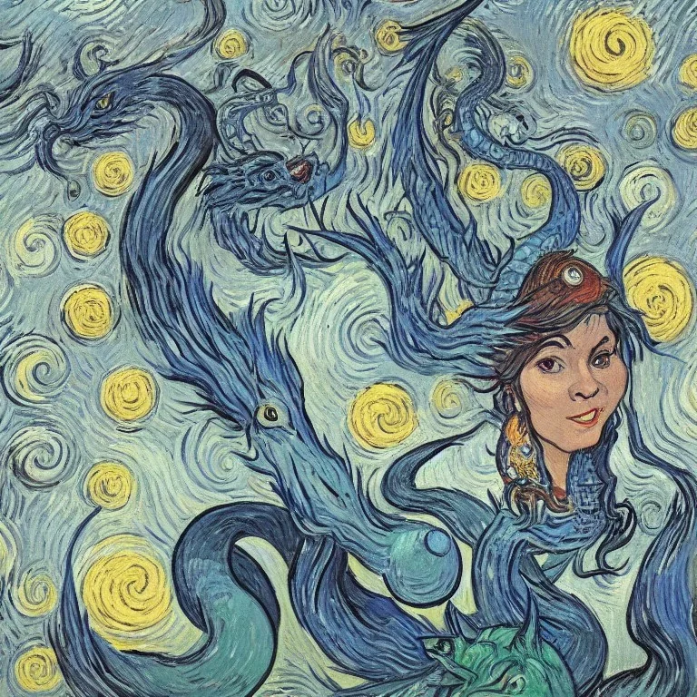 A smiling witch with a beautiful face and full and detailed details performing magic of water, fire, wind and earth with a wooden and crystal wand shining in various colors with a background of large and beautiful dragons flying in an azure sky with A background of a large snake with many heads, in full detail, Ismailoglu, Van Gogh, post-apocalyptic, fantasy, imaginary, 8k, 16k,