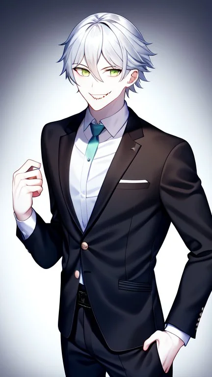 plauge doctor in balck leather coat and suit with silver hair, pale skin and bright green eyes smiling with sharp teeth, nice young face, male, viscious smile