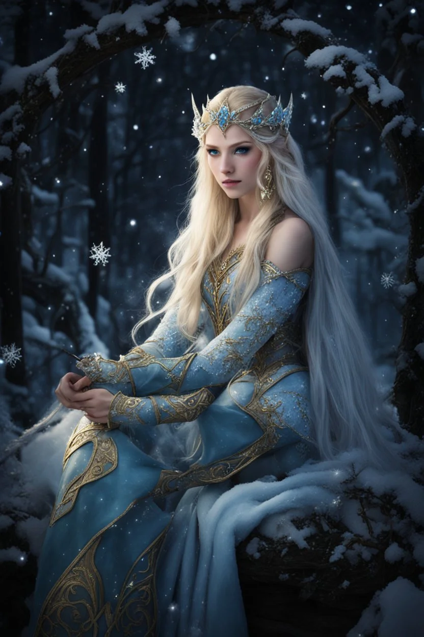 Elven princess,elven crown,long blonde golden hair,rapunzel hair,ice flowers,beautiful,light blue,dark blue,golden armor,sparkle,glitter,ice flowers,snow,elven ears,dark fairy princess