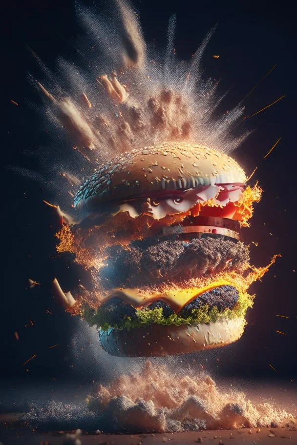 a burger exploding into dust, extremely detailed dust particle details, natural colours, meticulously intricate perfectly symmetrical extremely detailed, pixiv daily ranking, pixiv, extreme depth of field, artstation, sculpture style, spectacular details, volumetric lighting, masterpiece, cinematic, Hollywood production, 8k resolution, high definition, max octane render, vivid colors, max resolution, unreal engine , max perfectionism, realistic composition, professional photography, max focus, m