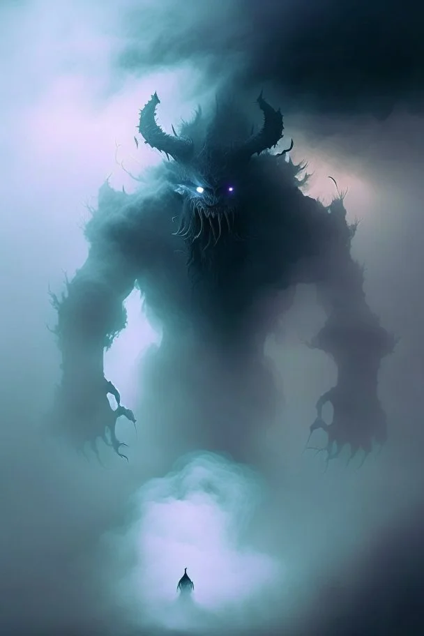 fog and smoke in a shape of a monsterous demon beast humanoid and a colour of a storm