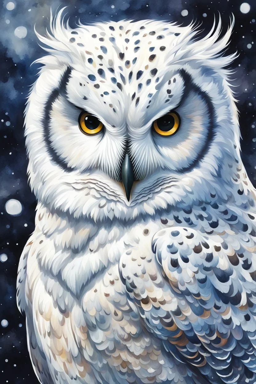 oil with watercolor underpainting of a graphic novel style wizened Snowy Owl with highly detailed feathers and facial features , with a fine art aesthetic, highly detailed , realistic , 4k UHD cinegraphic quality