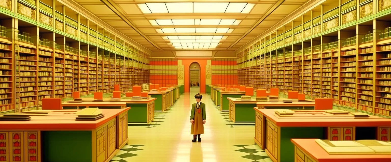 the endless library, a place of workers, in the style of wes anderson