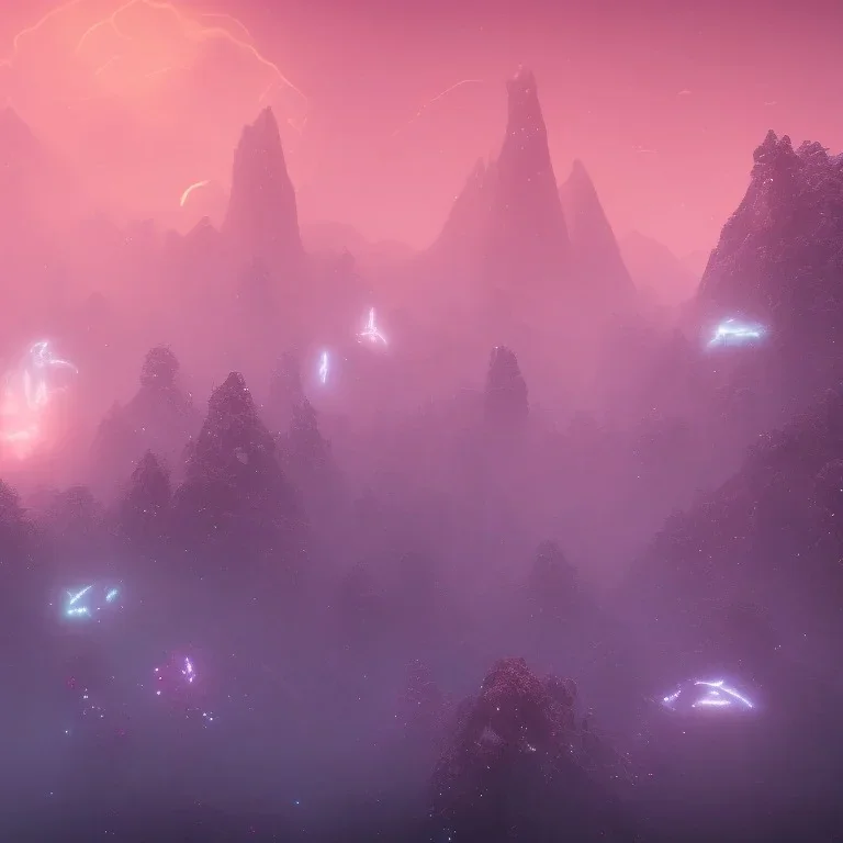 ALIENS FLOATING in the fog, FOGGY NIGHT, mountains, GLOWING, PURPLE, orange, pink, stars, TOWERS, 4K, 8K, CINEMATIC