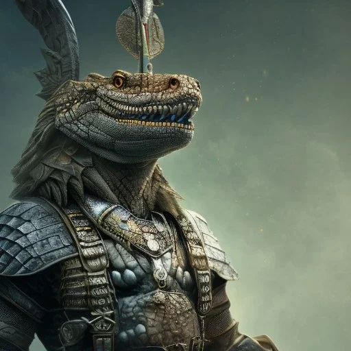 photograph of a warrior with crocodile themed armour. extremely detailed. dslr. 85 mm.perfect position, unreal engine