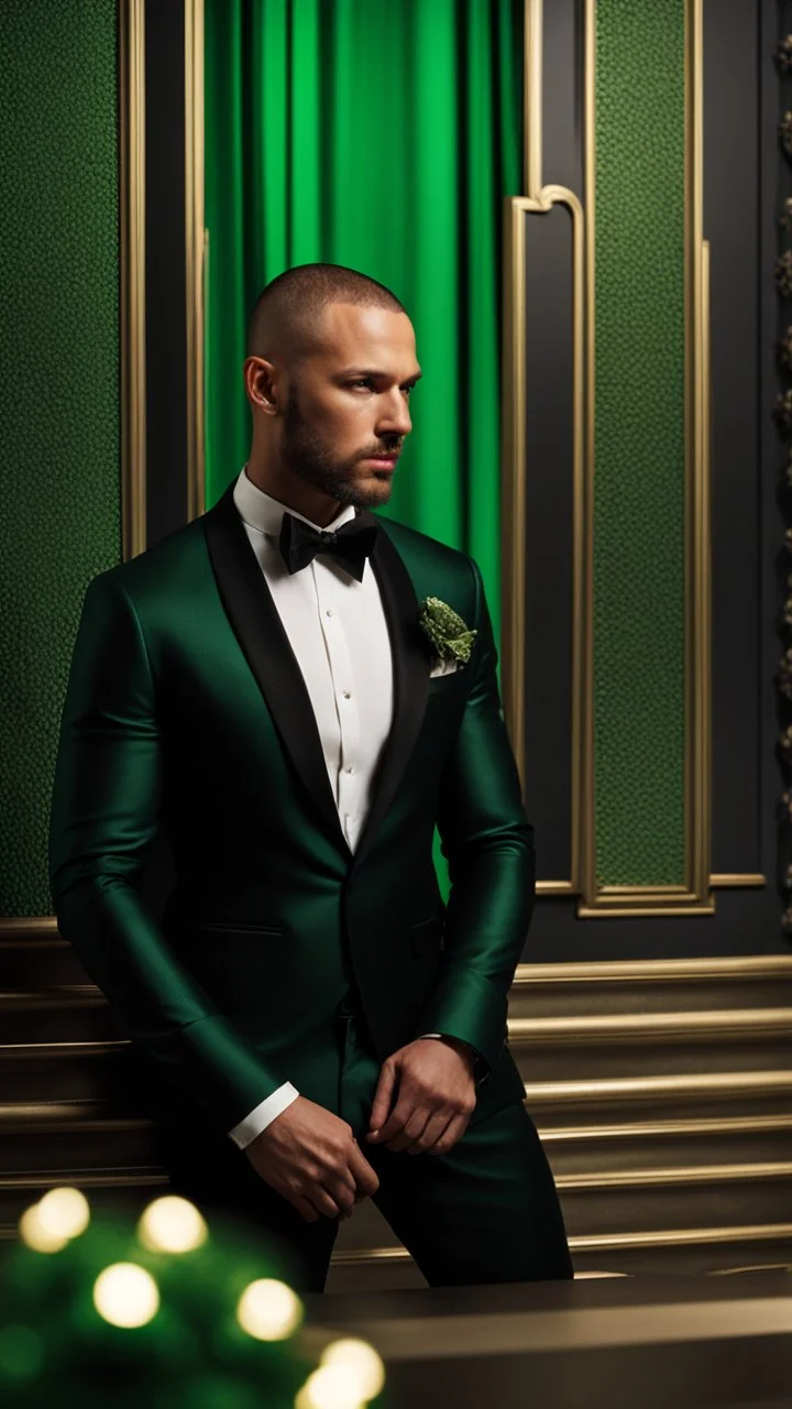 Handsome tough Alpha Male aged 30. buzz-cut hair, stubble on chin, wearing a black tuxedo with a green bow tie. Hyperrealistic 4k dark fantasy