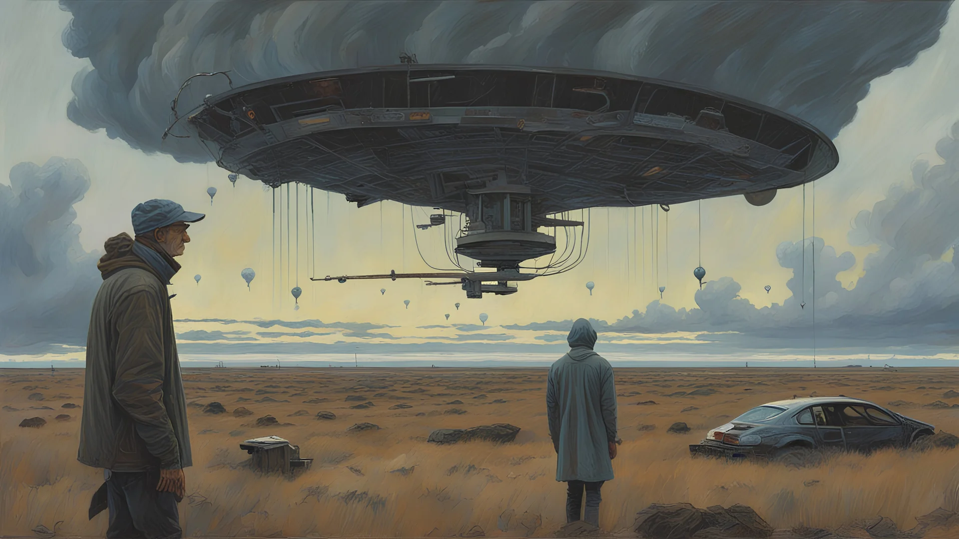 science fiction painting, Denis Sarazhin, Alex Colville, Simon Stalenhag, ominous sky