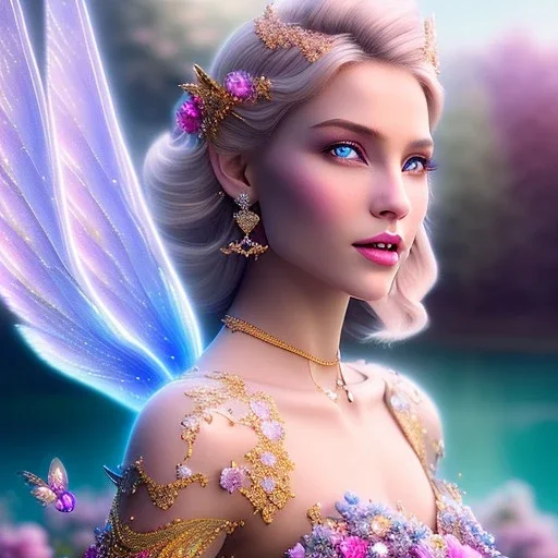 enlighten, light pink colors, beautifull woman of happy smiling blond bright fairy with wings, blue eyes , crystals, blue gold dress, blue sky, flowers landscape all colors trees pink, , water river . 8 K, fantasy