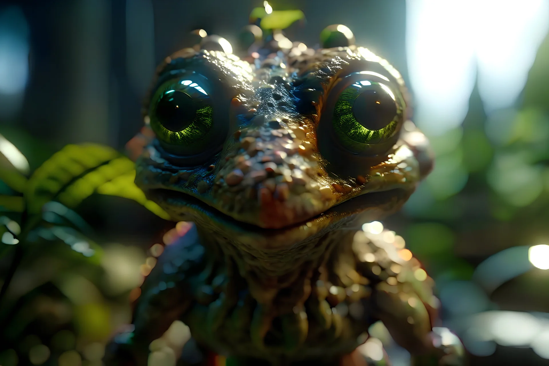 Strange, beautiful friendly creature, Cinematic lighting, Volumetric lighting, Epic composition, Photorealism, Bokeh blur, Very high detail, Sony Alpha α7, ISO1900, Character design, Unreal Engine, Octane render, HDR, Subsurface scattering