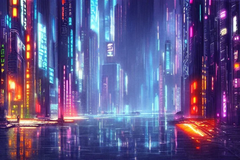 Cyberpunk City near the trees, blade runner influence, sci-fi, impressionism painting