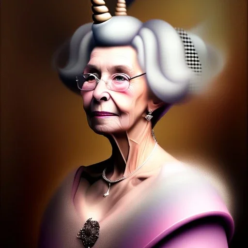 Retrato de una abuela muy guapa llamada Carmen Mozos Bugallo montando un unicornio rosa con el estilo de Diego Velázquez