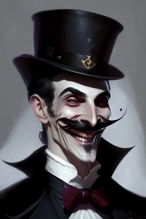 Strahd von Zarovich with a handlebar mustache wearing a top hat with a smile, closed eyes and question marks