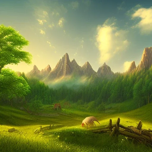 rolling fields with forest and mountain behind