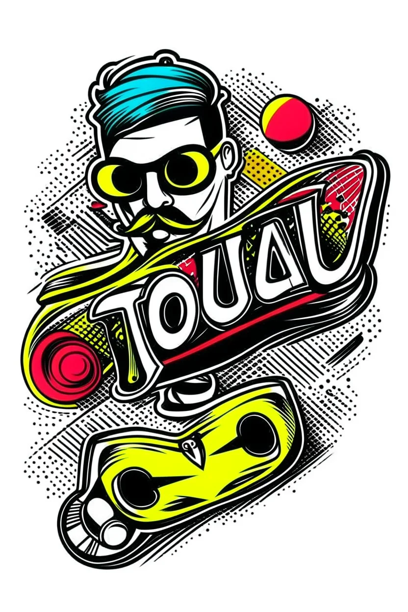 TEXTE FOOTBALL with a handlebar mustache and a skateboard tucked under its fin. Style: Retro Comic Book, Mood: Playful and Energetic, Lighting: Flat, bold colors, T-shirt design graphic, vector, contour, white background.