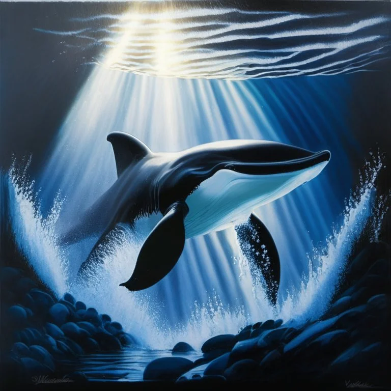 A dramatic, chiaroscuro-style acrylic painting of a powerful orca hunting its prey in the depths of the ocean, with stark contrasts between light and shadow to emphasize the intensity and raw beauty of the scene