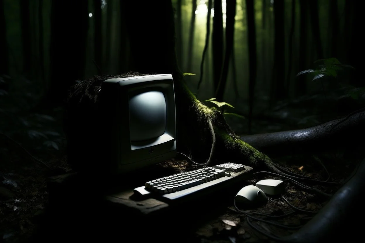 Retro macintosh desktop computer abandoned in the woods, dramatic lighting, shot on leica, dark aesthetic