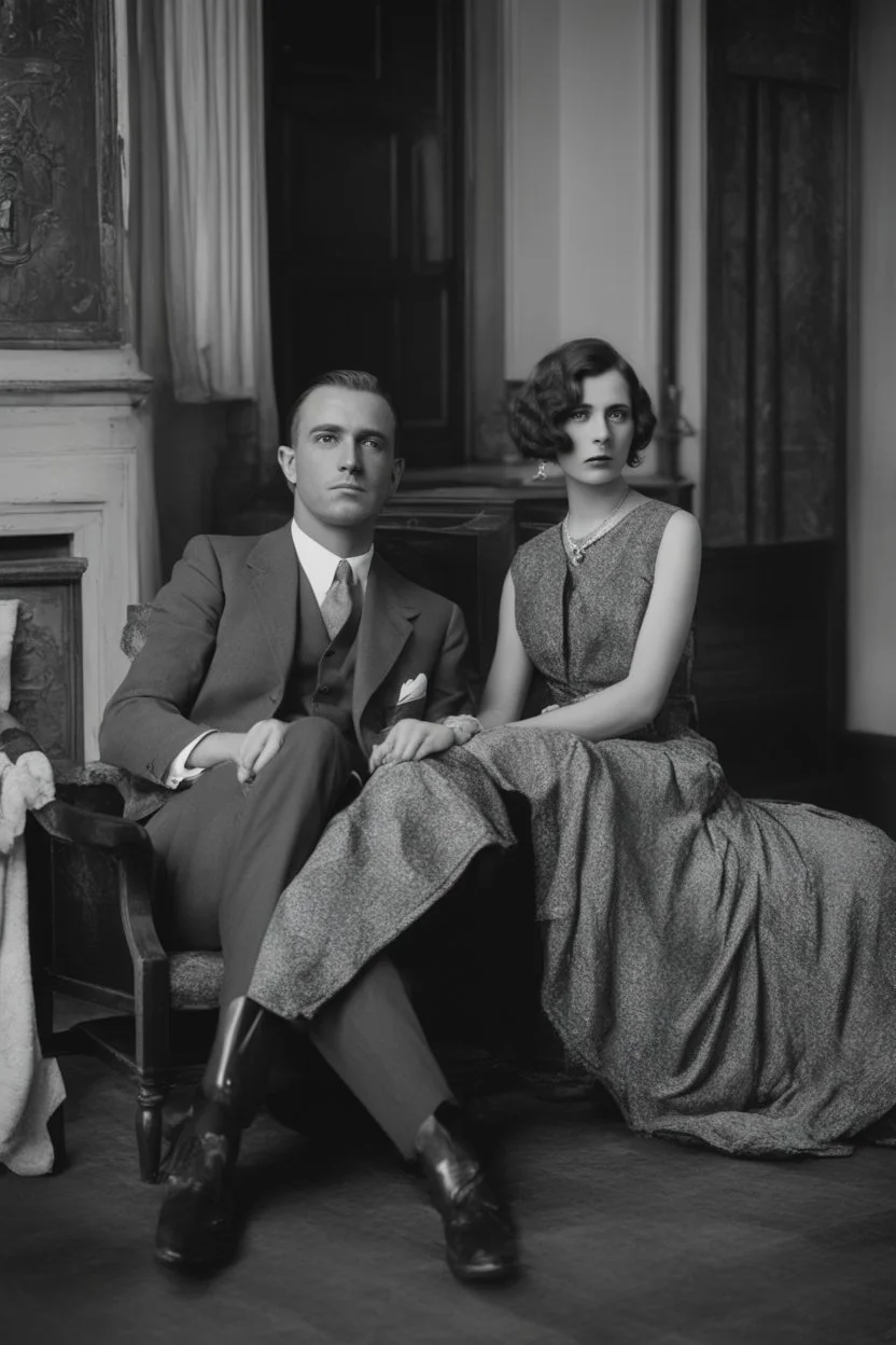 Black and white photo of a serious couple sitting for portrait shoot in the 1920s