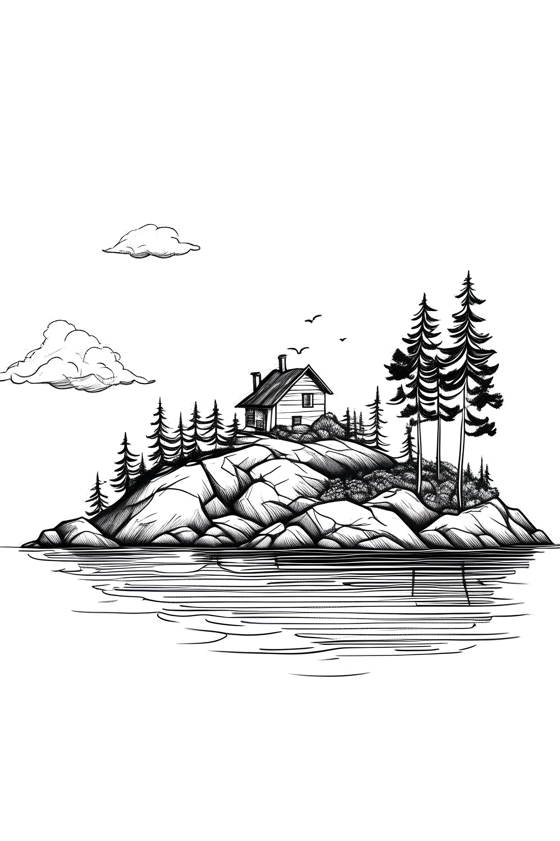 Pen illustration of rocky islands floating in the sky, thin fir trees, floating bridges, small cottage, minimalistic, black and white, fine lines, minimal shading, negative space, in the style of postcards