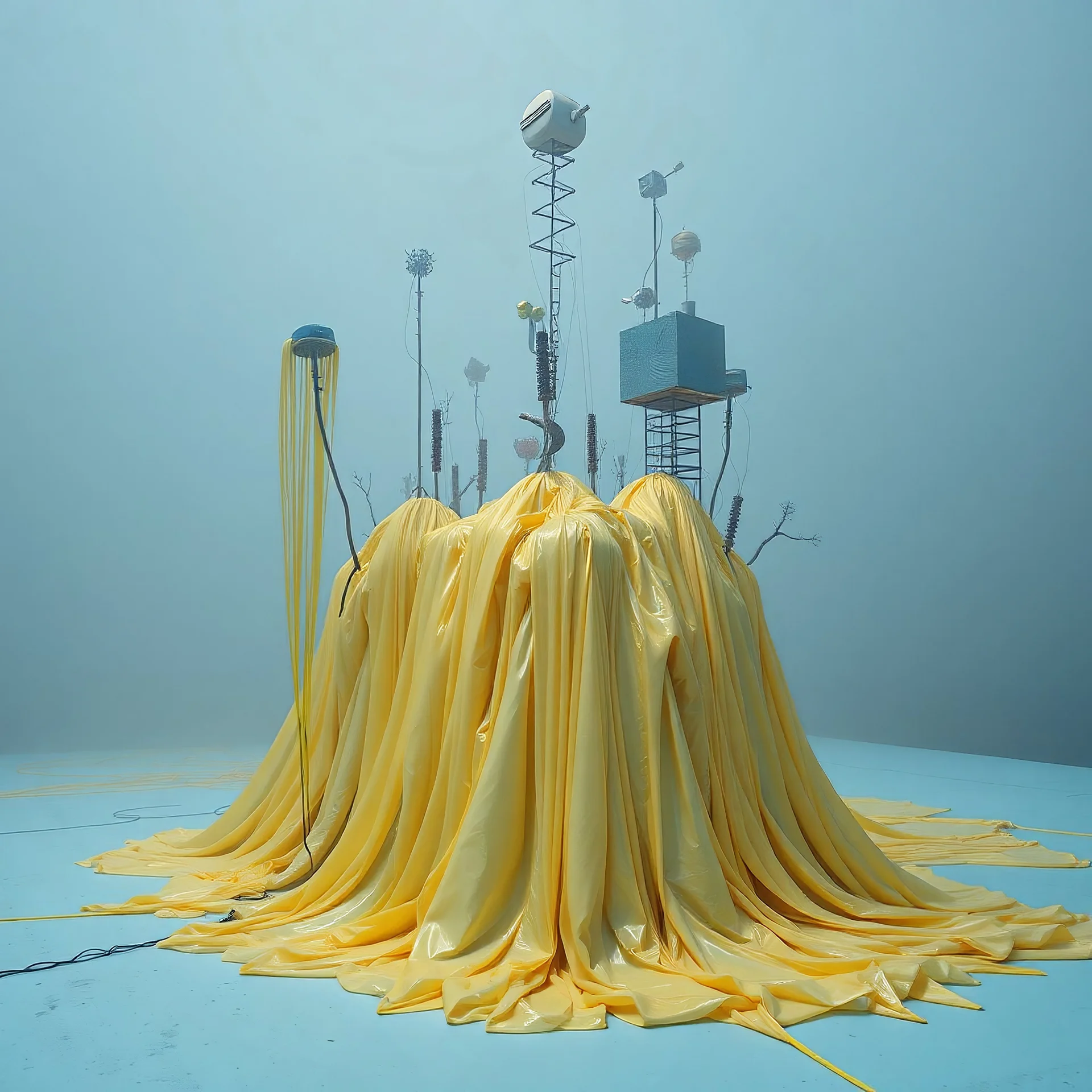 Fotografia di una superficie piatta di colore azzurro chiaro e giallo pastello, su cui si ergono surreali strutture di forma indefinita, fatte di materiali vari, ricoperte da materiale plastico di colori pastello, che scende a terra. Nebbia, oscurità, Max Ernst, Audubon, Piet Mondrian, paranoic, obsessive, nightmare, foresta, alberi, filo, notte, glossy, surreal, hasselblad h6d400c --ar 85:128 --v 6.