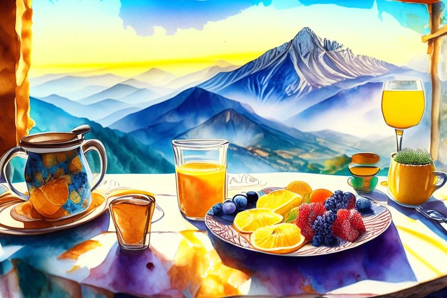 breakfast on a table on the terrace (orange juice, coffee in a cup, fruit, pastries), view of the mountains in the distance, Jean-Baptiste Monge style, surreal, a masterpiece, razor-sharp focus, dynamic lighting, watercolor and ink concept art extremely detailed psychedelic 8k beautiful high detail high definition colourful matte background Michelangelo Van Gogh colorful dramatic lighting fine art reflections whimsical National Geographic photography Alexander Archipenko Romantic Impressionism