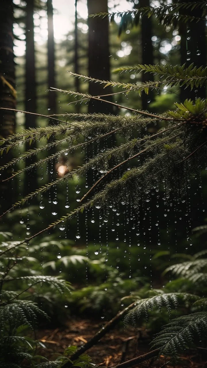 a dramatic scene in a dense forest with A FIR BRUNCH under the rain. The background should feature raindrops falling around the leaves.