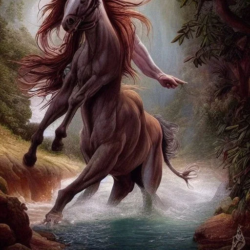 Beautiful Centaur.Creature of a combination of a half human-man and a half horse. Arrives into Acheron River. insanely detailed and intricate, colourful, abstract,fantasy,hyperrealism, delicate, high definition, detailed, complex, triadic vibrant colour,artistic,beautiful creauture, by Tom Bagshaw,Asher Brown Durand, Anna Dittmann, Dan Mumford, Magali Villeneuve,Christoper Lovell,