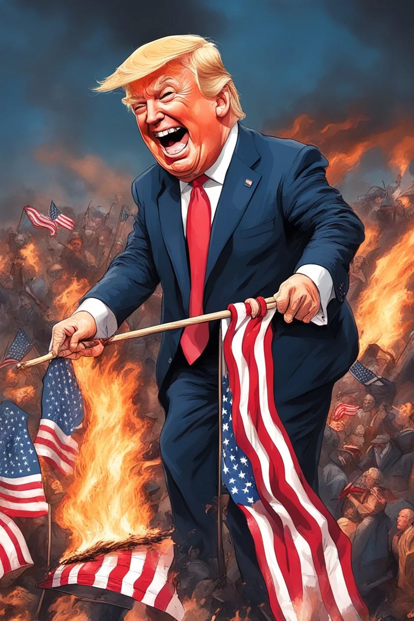 donald trump maniacally laughing while burning the american flag