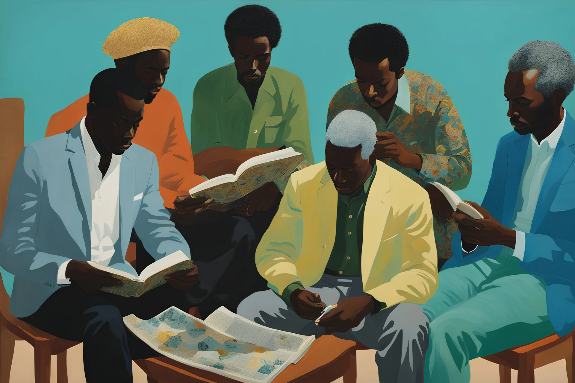 4 dark African men seated on a wooden chair ,reading Afro hair sky-blue background quilting, fabrics, by David Hockney njideka akunyili kerry james marshall