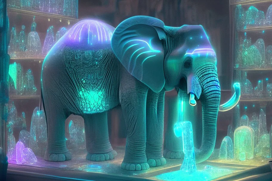 Elephant in a crystal shop with radioluminescent neon crystals