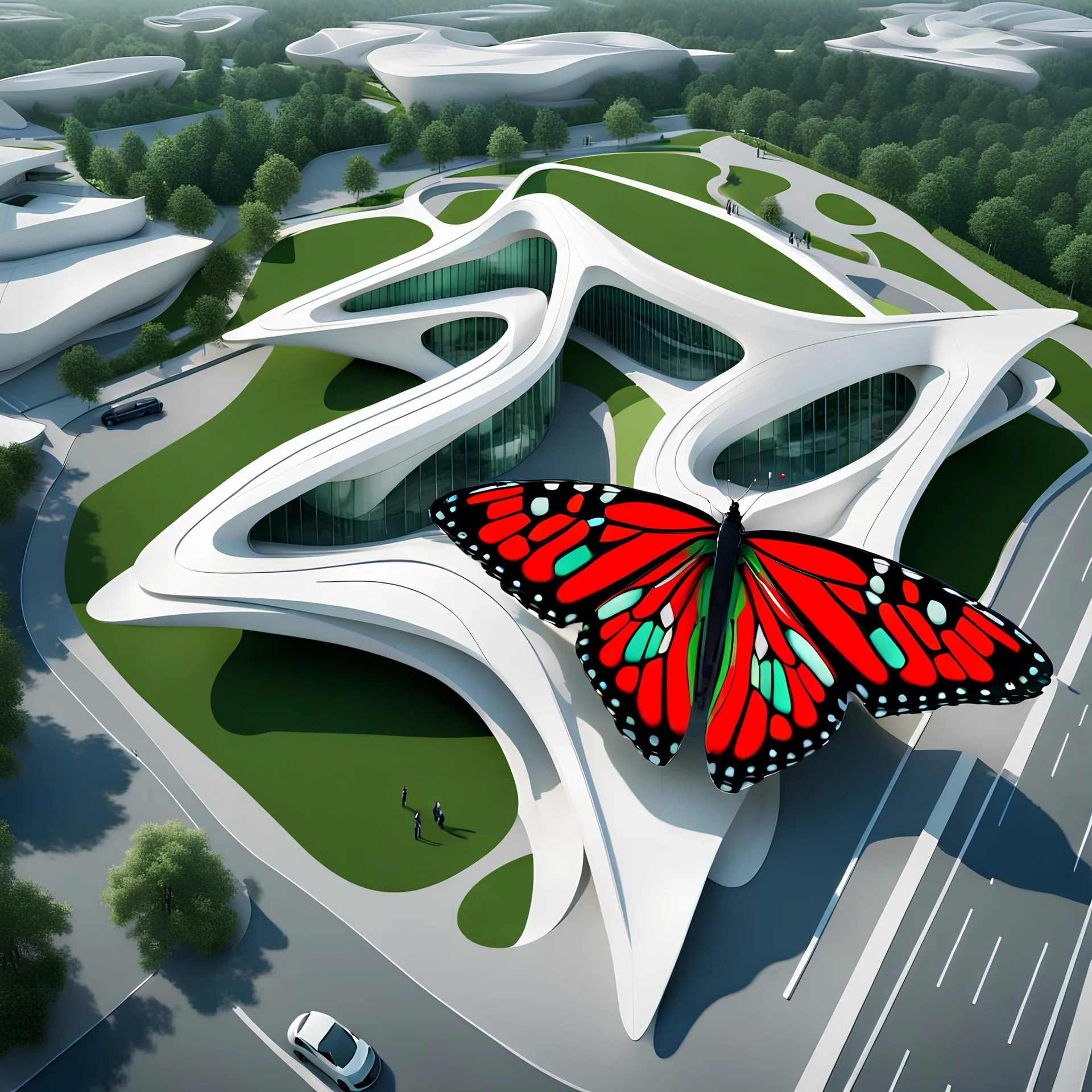 Aerial view of the butterfly-shaped museum architecture Zaha Hadid incredibly hyper-detailed digital artwork 8k white green and red colors