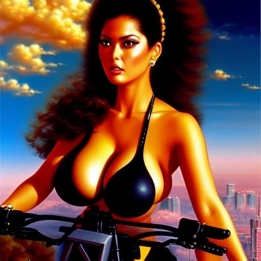 portrait of busty beautiful 'Female Rider on Akira Bike(1988)',aerial view,painting by Earl Norem, simon Bisley, evan lee, 86-86, oil on canvas, cinematic composition, extreme detail,fit full head inside picture,8k