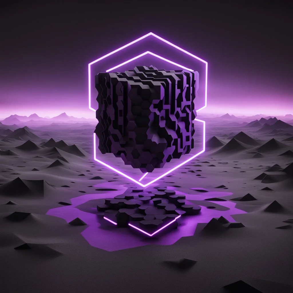 a large dark black 3D hexagon structure with a neon purple outline floating high above a desolate monochrome landscape