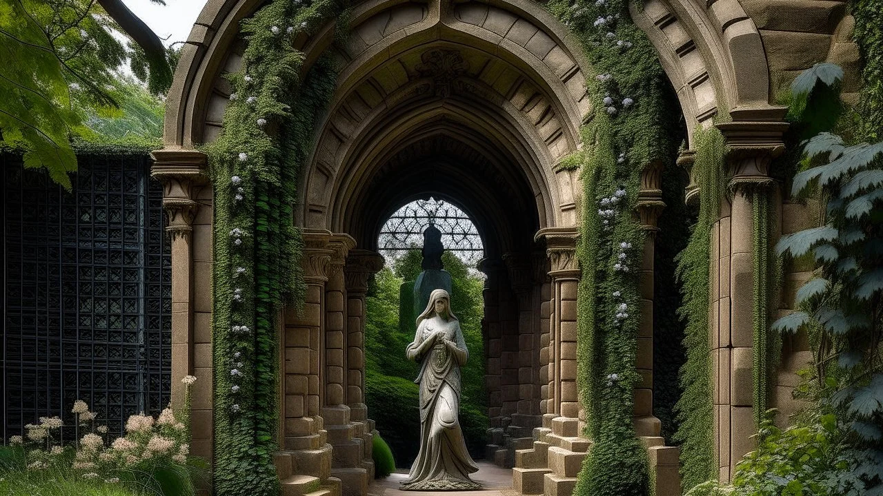 A stone archway with intricate floral patterns and a statue of a woman inside, surrounded by vines