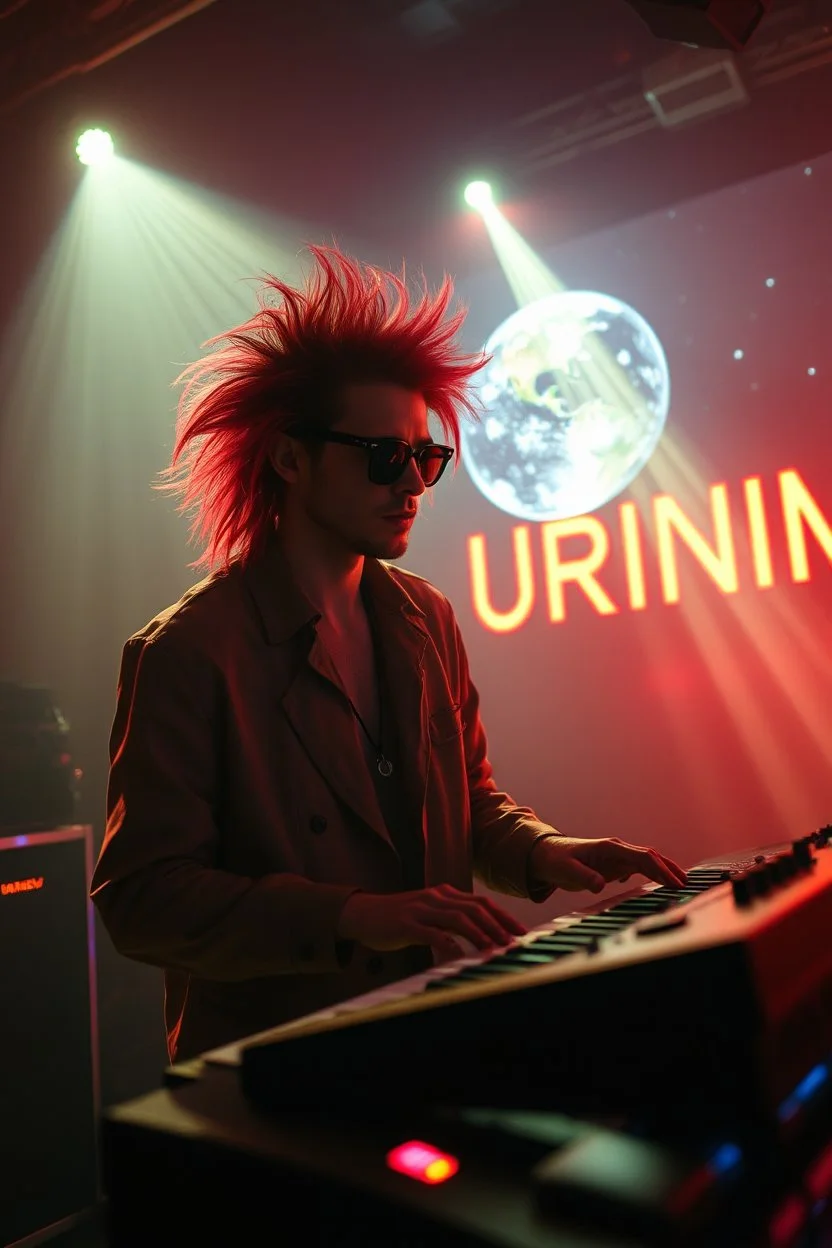 French cool synth player with crazy techno acid hair, he is called "Jean-Maurice Brûlée" performing at dance club, his name is "Jean-Maurice Brûlée" , white and orange Neon lights and oraNGE smog, and "URINIUM" big sign on the wall, he is playing on synthesizers on stage with lot of laser beams and wearing black sunglasses, an earth is projected in background