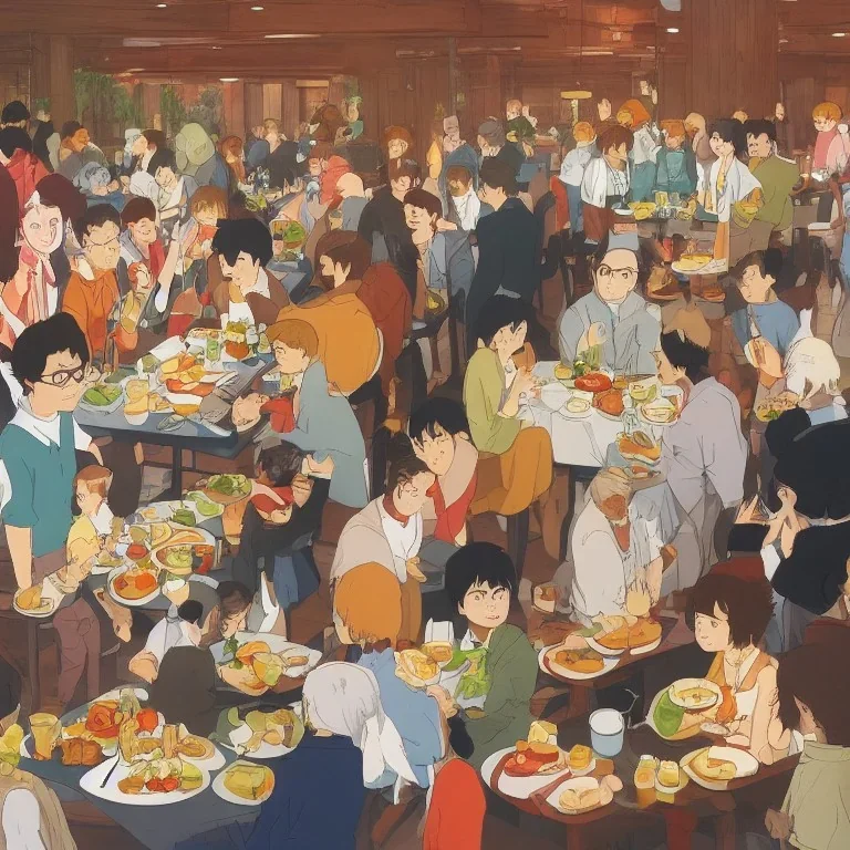 A collection of people enjoying brunch, Hayao Miyazaki