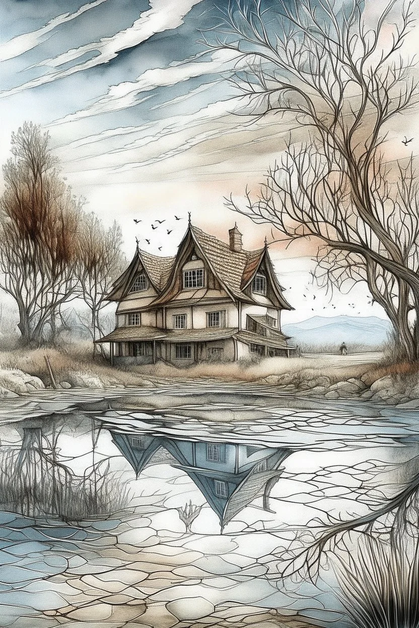 The place where the Dream and its followers live. A reflection of the sky. Watercolor, new year, fine drawing, beautiful landscape, pixel graphics, lots of details, delicate sensuality, realistic, high quality, work of art, hyperdetalization, professional, filigree, hazy haze, hyperrealism, professional, transparent, delicate pastel tones, back lighting, contrast, fantastic, nature+space, Milky Way, fabulous, unreal, translucent, glowing