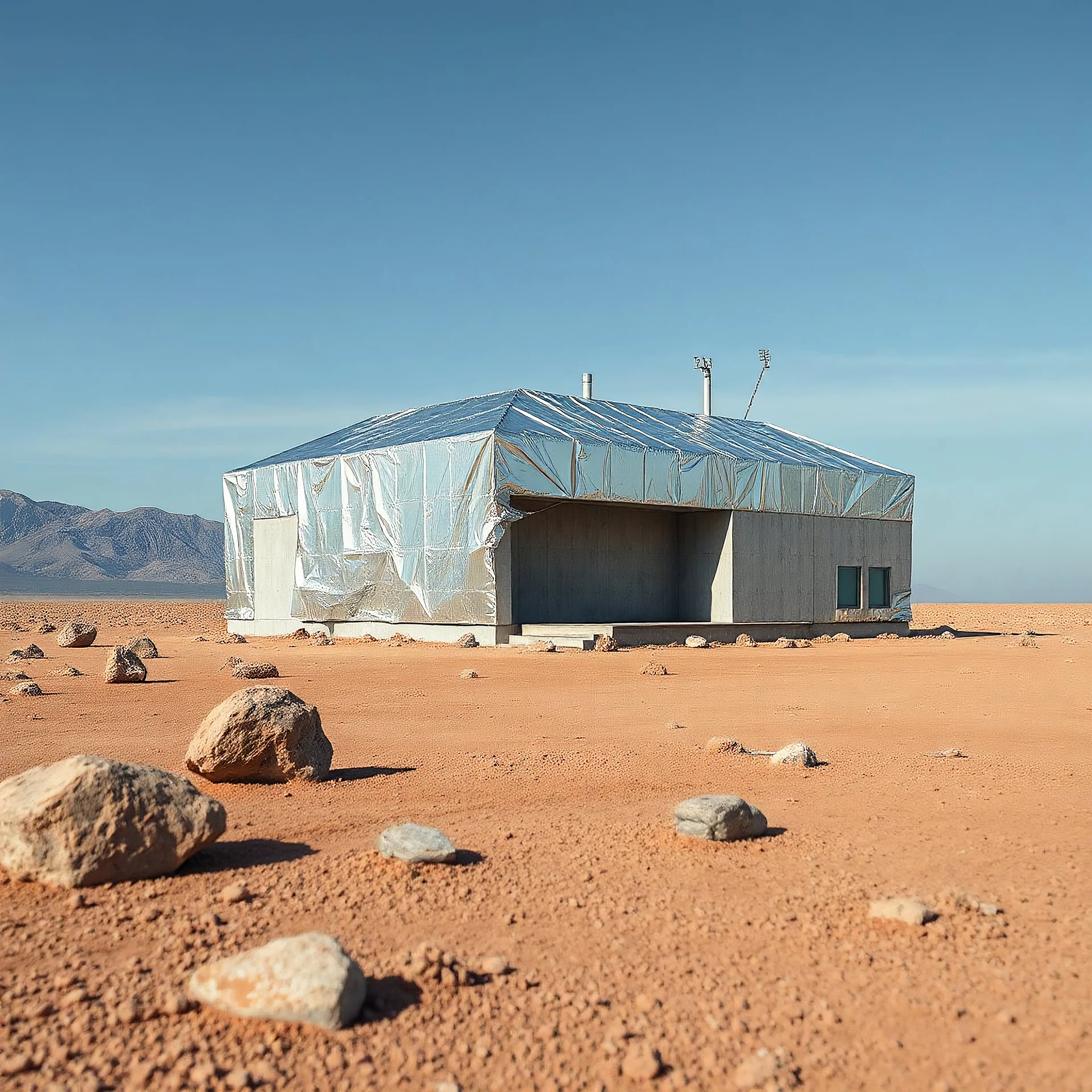 Photograph, wasteland, reflective aluminum cover, a fake house, limit of the world, Truman show, brutalist concrete architecture, Bau zone, all'aria aperta, rocce, sky, brutalist, liquid, polvere, red spot, open air museum style, blue wire, apparecchi elettronici, powder, punto, minimalist, details of the dust very accentuated, deep 3d field