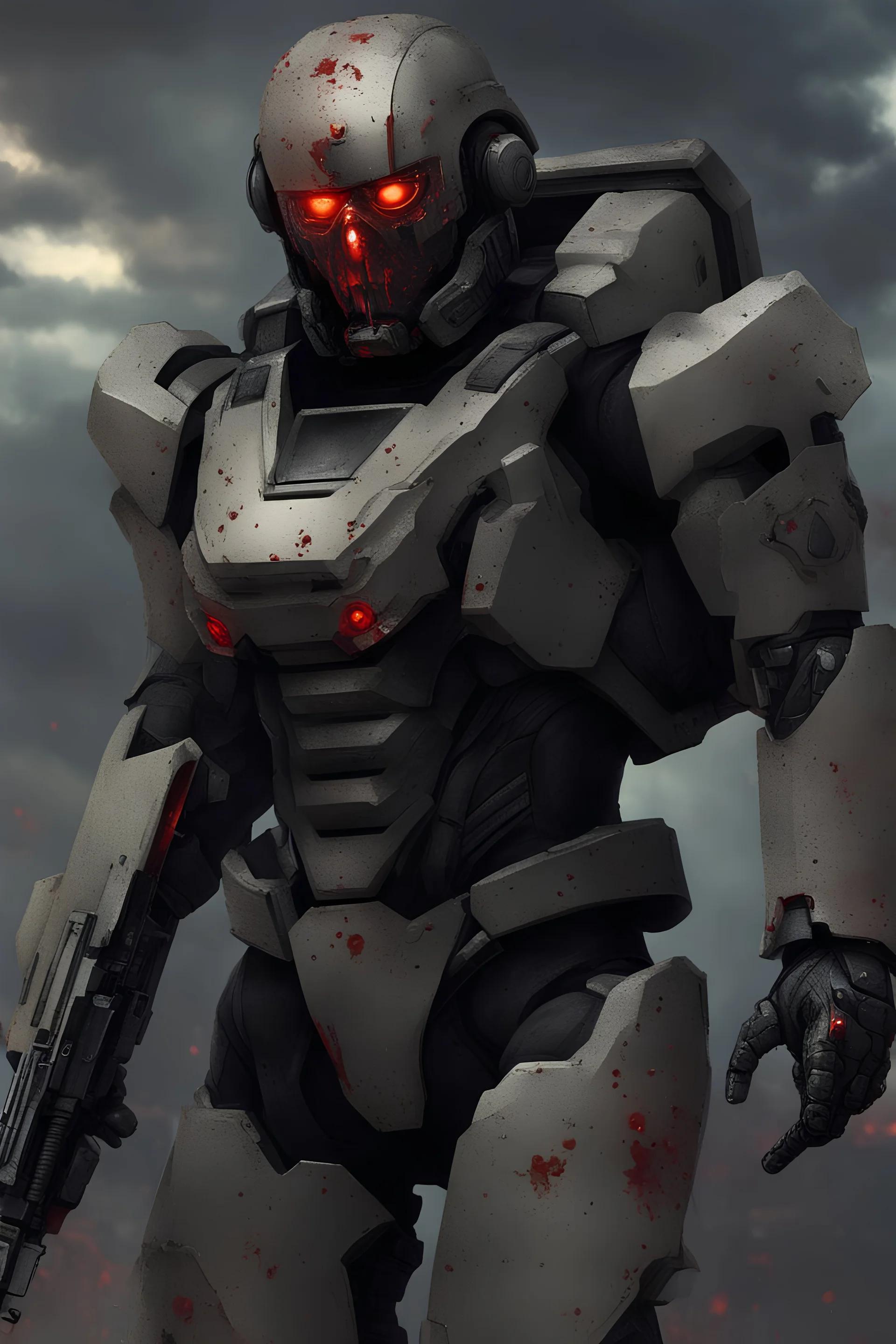 A soldier from the future from 2706 - armored - semi-robot - plasma weapon - war background - bloody face -